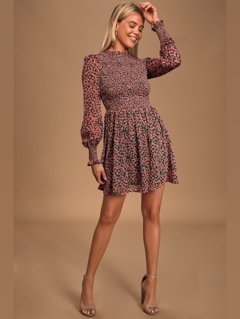 Long Sleeve Smocked Floral Dress.
